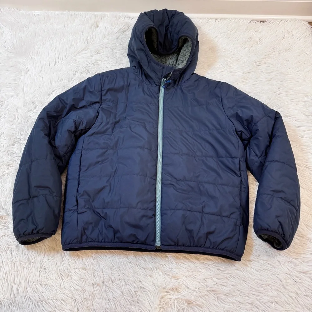 Crewcuts boy's long sleeve reversible Hooded Puffer sherpa Jacket in navy‎ blue